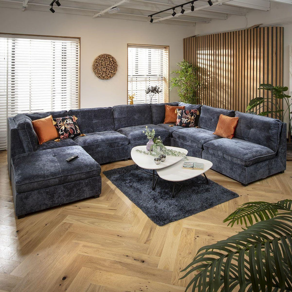 Anni 6 Seater U-Shape Sofa Blue Chenille 366x270cm 9R