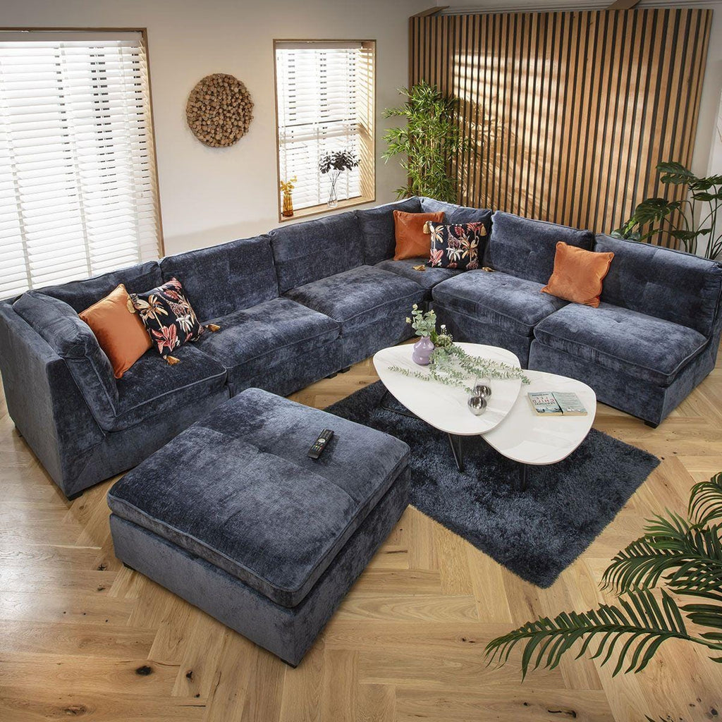 Anni 6 Seater U-Shape Sofa Blue Chenille 366x270cm 9R