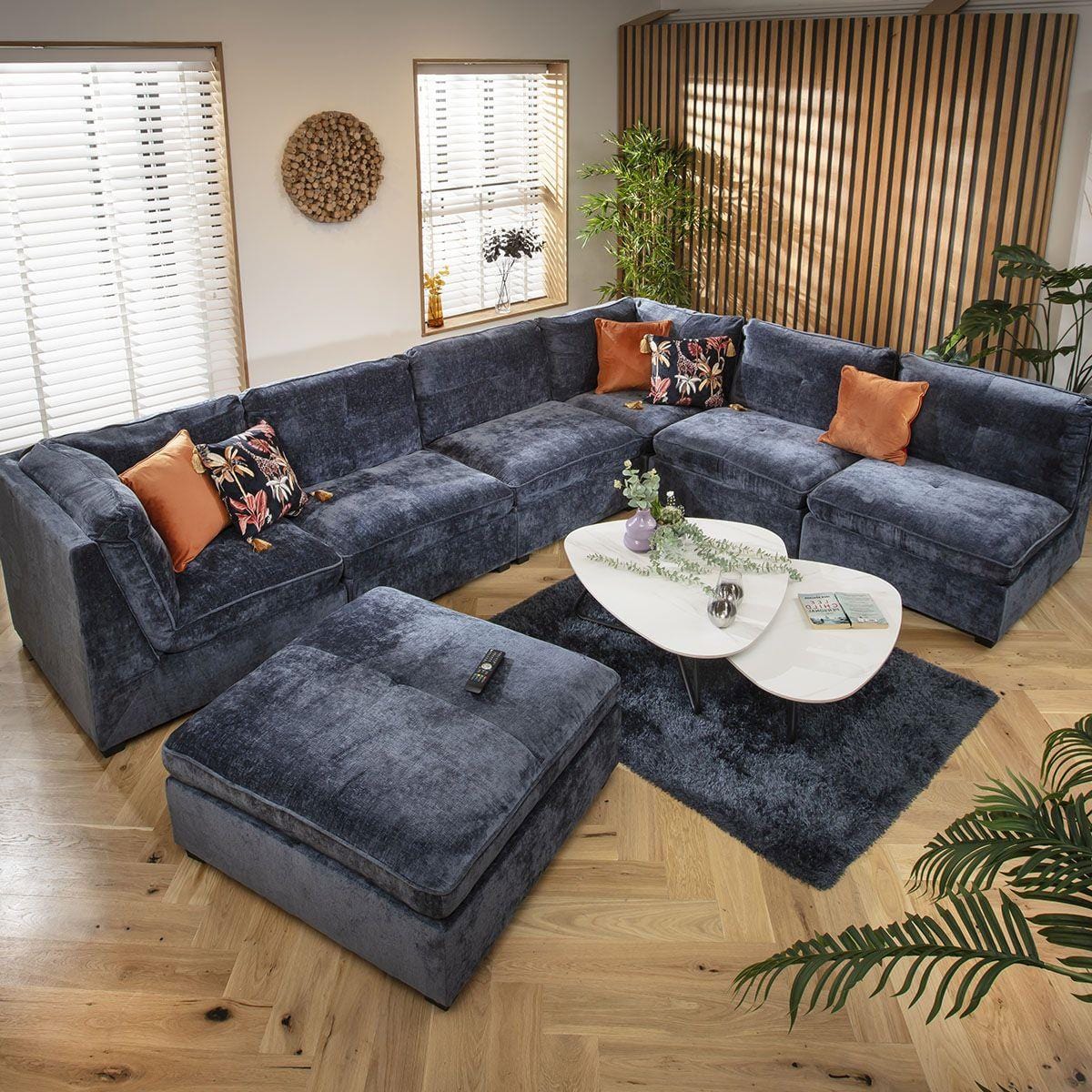 Anni 6 Seater U-Shape Sofa Blue Chenille 366x270cm 9R