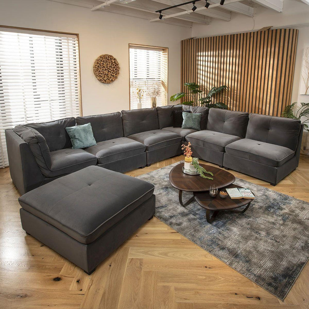 Anni 6 Seater U-Shape Sofa Grey Velvet 366x270cm 9R