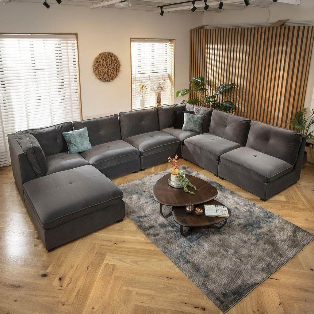 Anni 6 Seater U-Shape Sofa Grey Velvet 366x270cm 9R