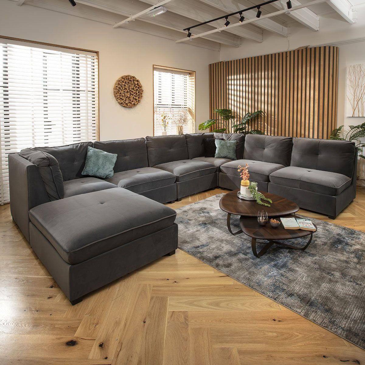 Anni 6 Seater U-Shape Sofa Grey Velvet 366x270cm 9R