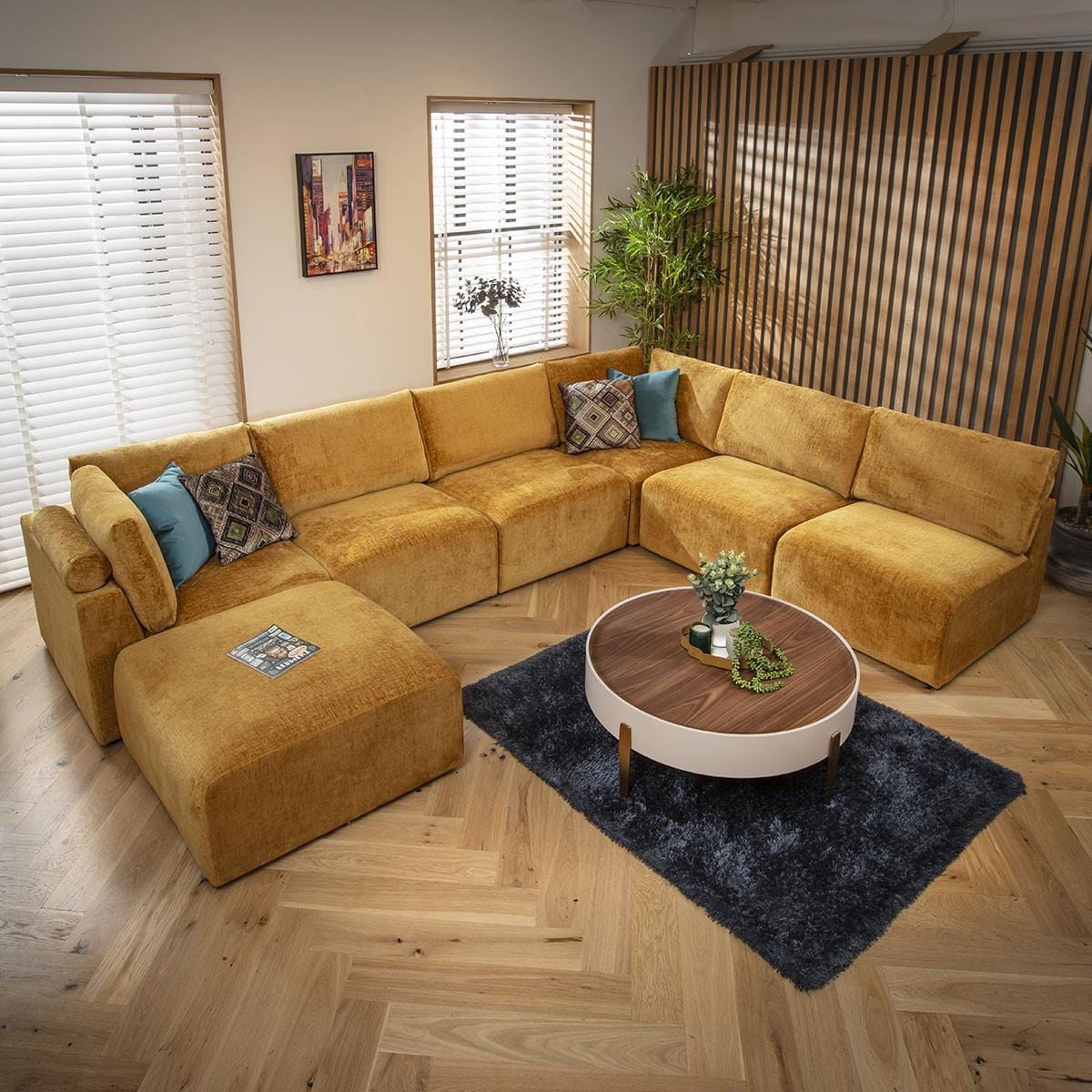 Martha 6 Seater U-Shape Sofa Mustard Chenille 348x256cm 9R