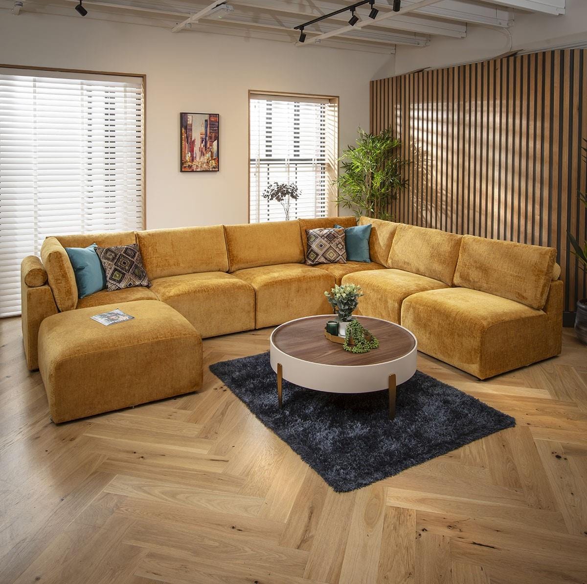 Martha 6 Seater U-Shape Sofa Mustard Chenille 348x256cm 9R