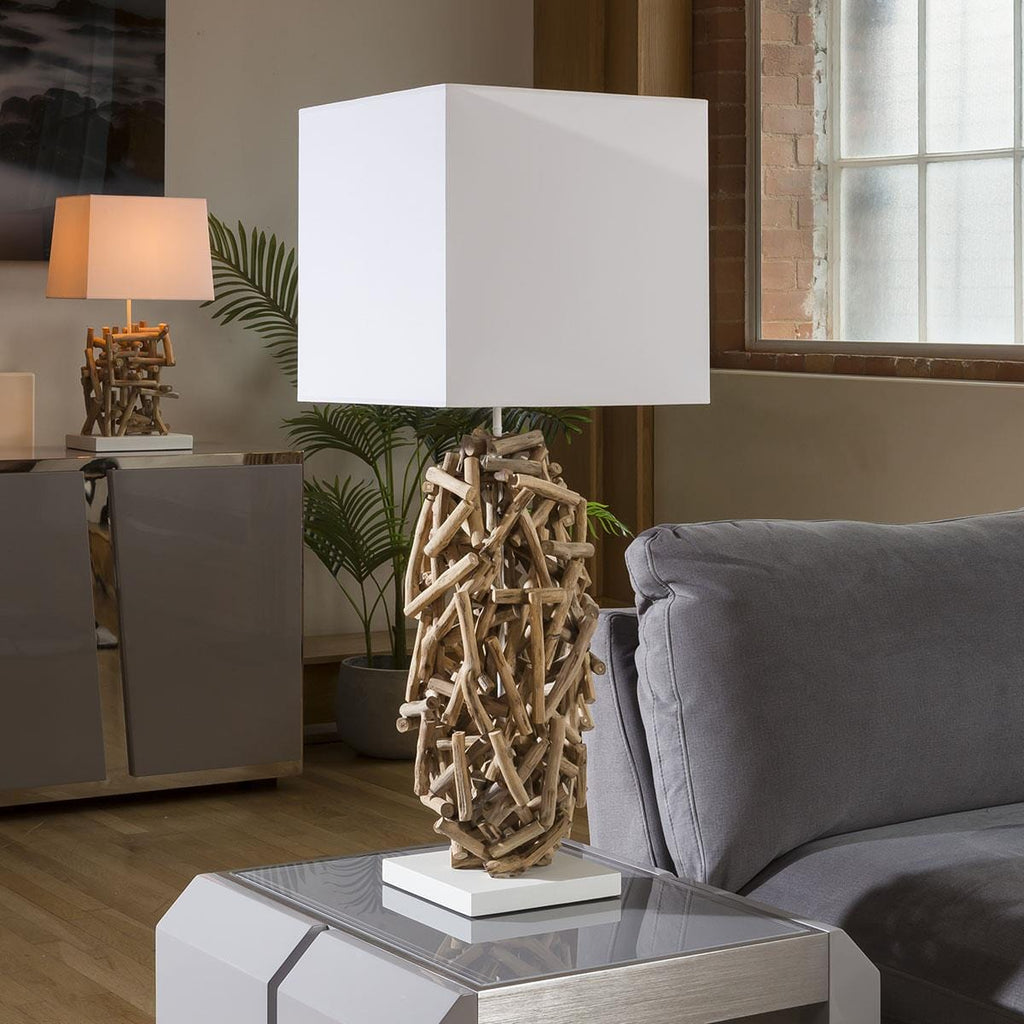Beautiful Unique Modern Driftwood table lamp / light white shade Korba
