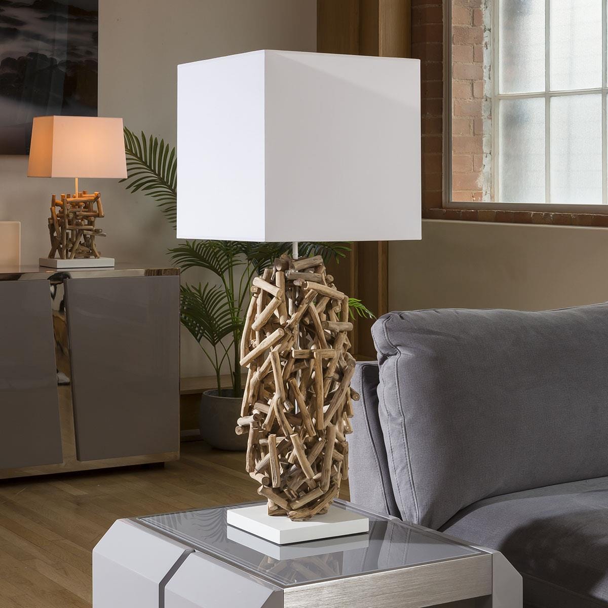 Beautiful Unique Modern Driftwood table lamp / light white shade Korba