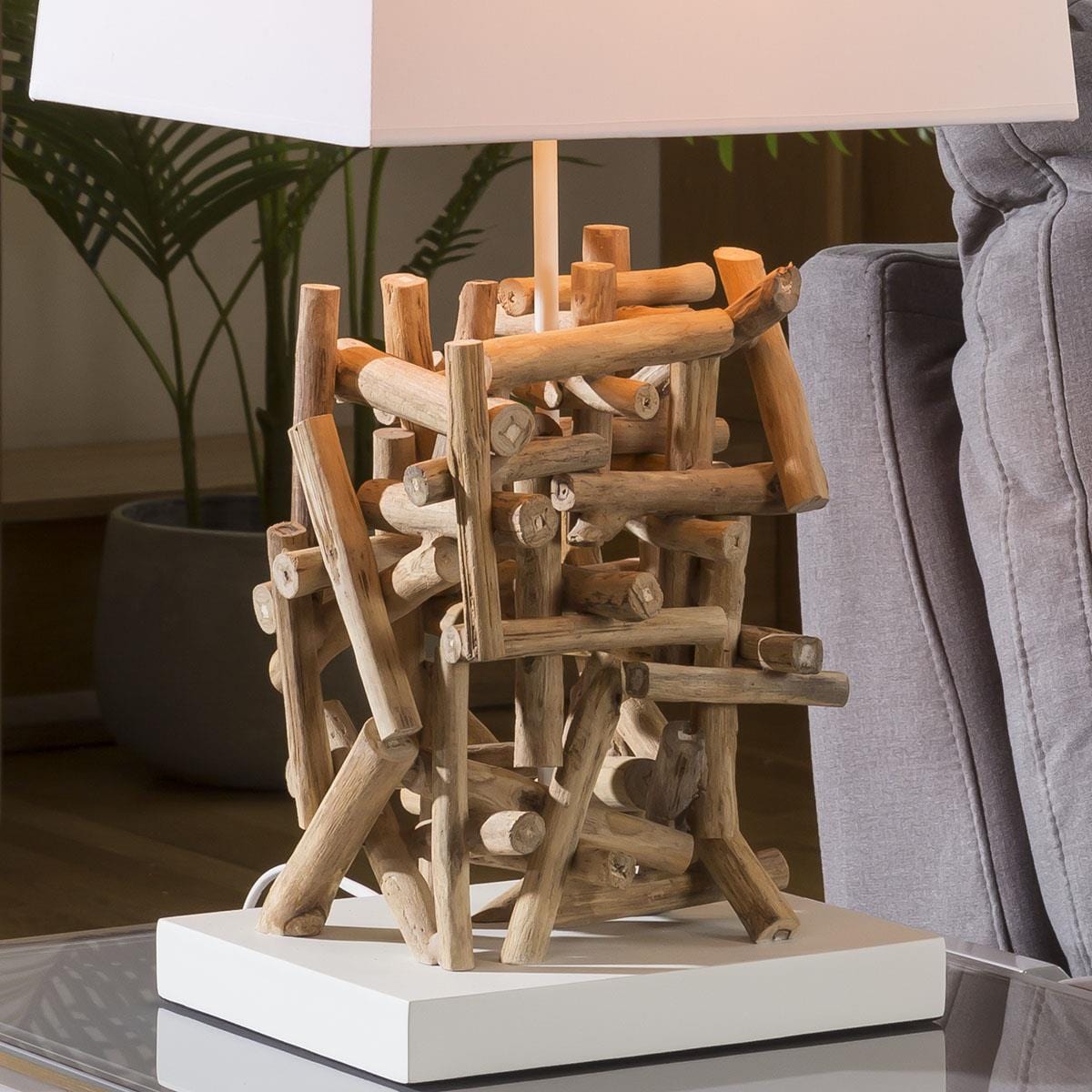 Beautiful Unique Modern Driftwood table lamp / light white shade Lhassa