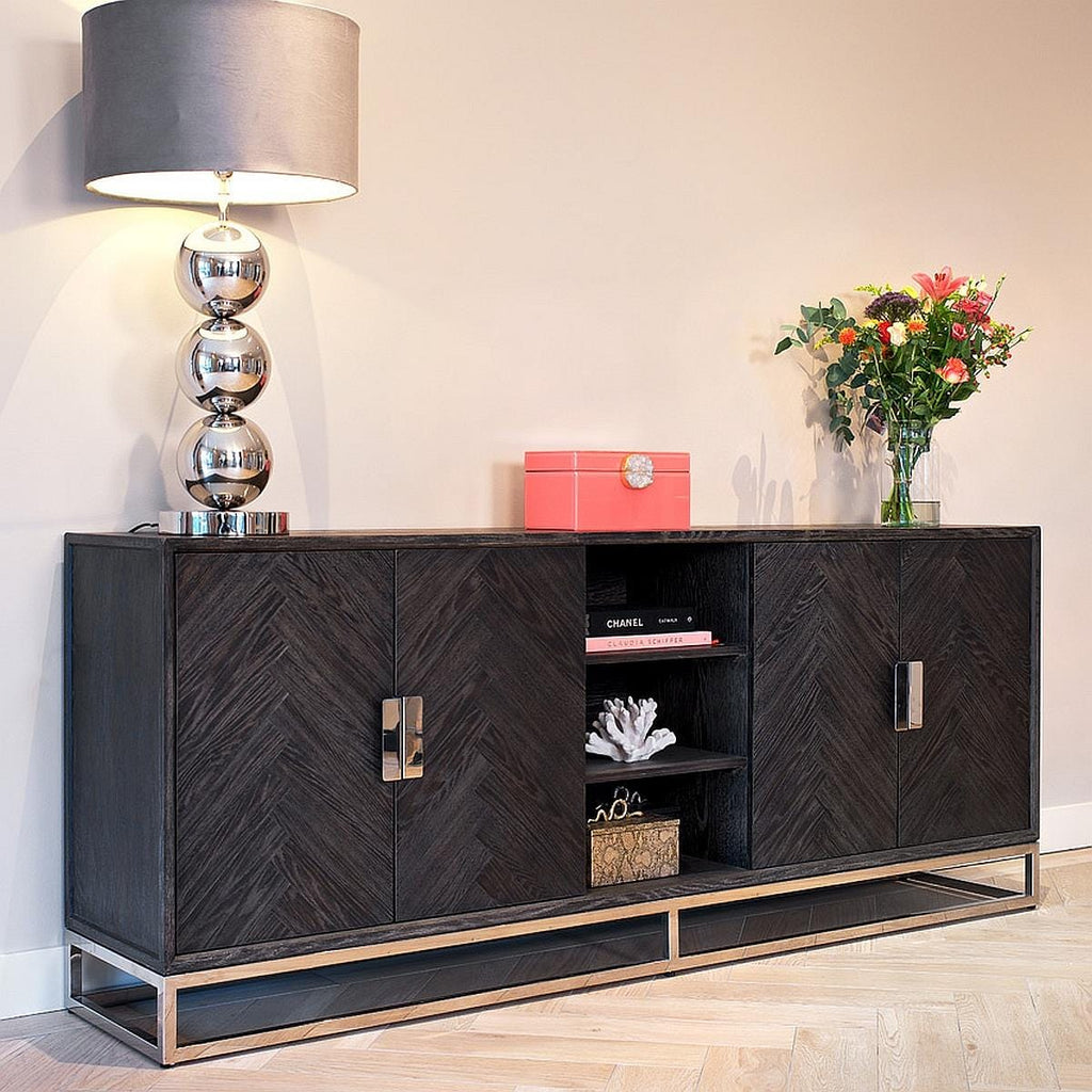 Black Oak Sideboard Dresser Dining Room Brushed Stainless Steel 225 cm