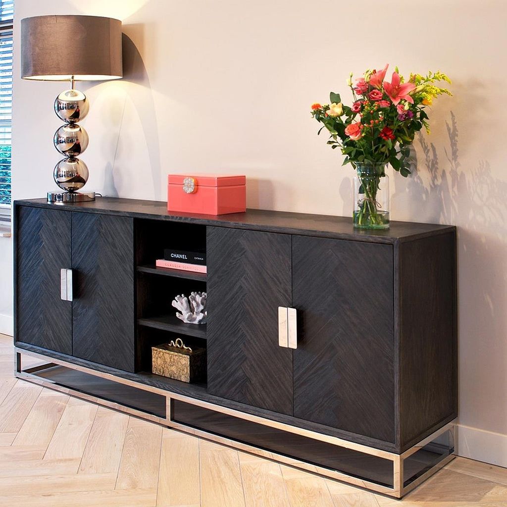Black Oak Sideboard Dresser Dining Room Brushed Stainless Steel 225 cm