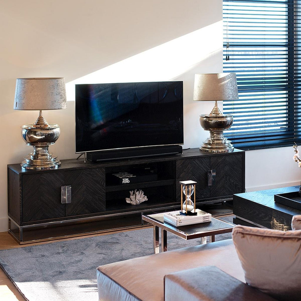 Black Oak Tv Cabinet Stand Brushed Stainless Steel Living room 2200 mm