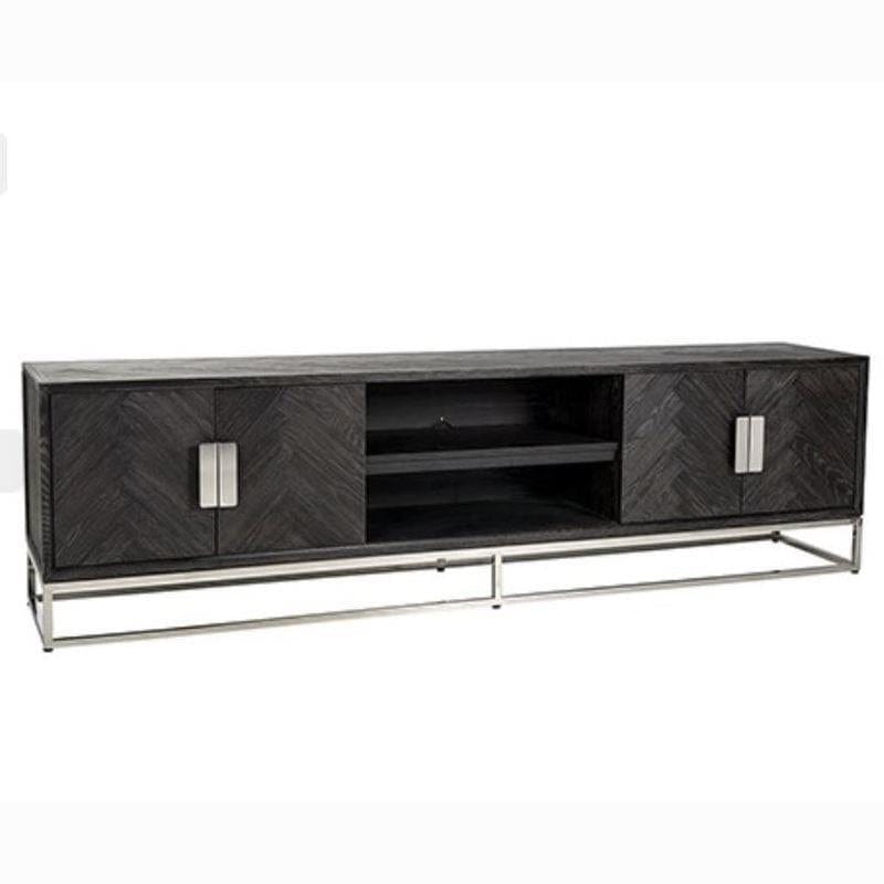 Black Oak Tv Cabinet Stand Brushed Stainless Steel Living room 2200 mm