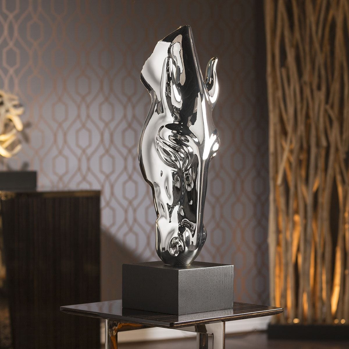 Chrome Horse Head Ornament Glossy Polyresin With Black Stand Birthday