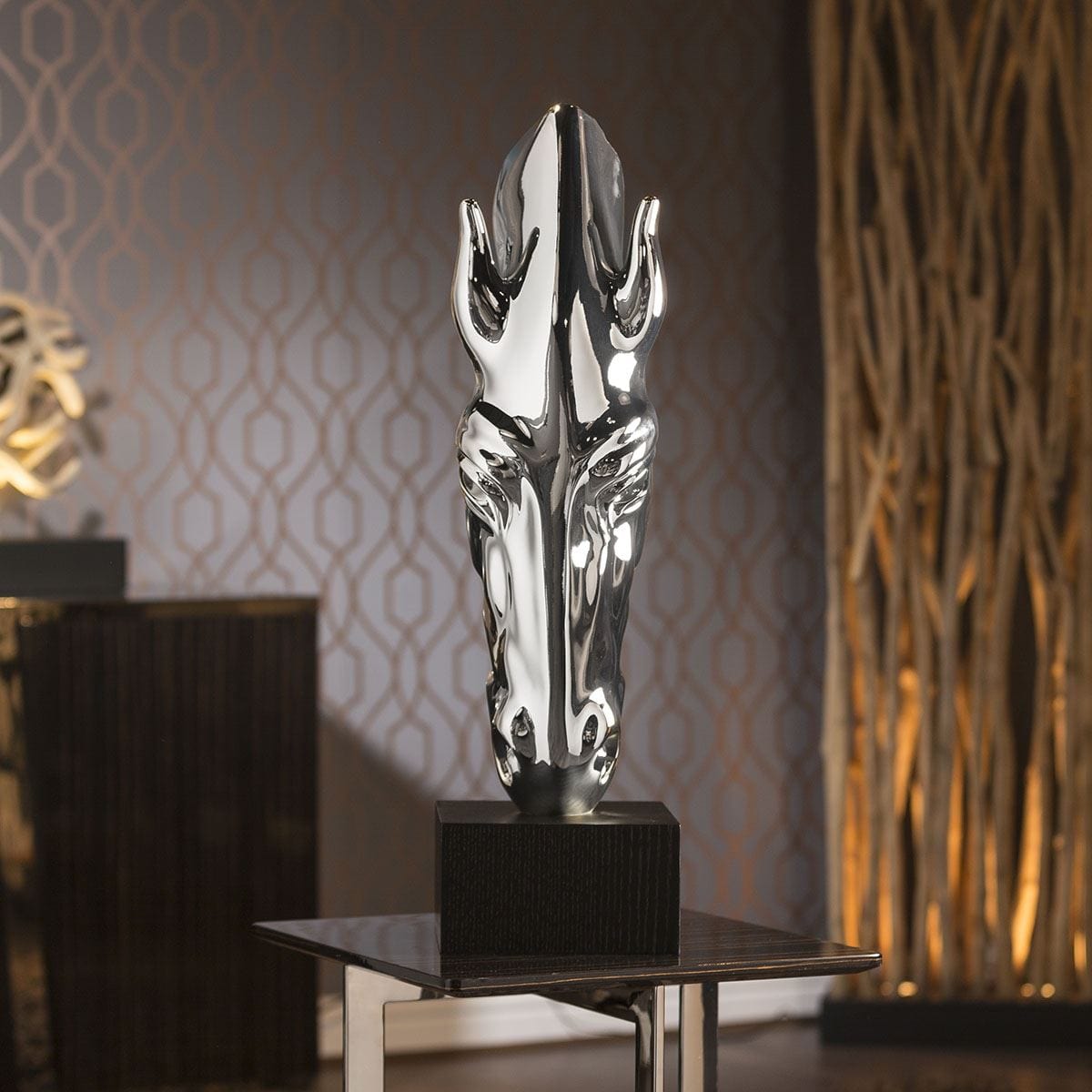 Chrome Horse Head Ornament Glossy Polyresin With Black Stand Birthday