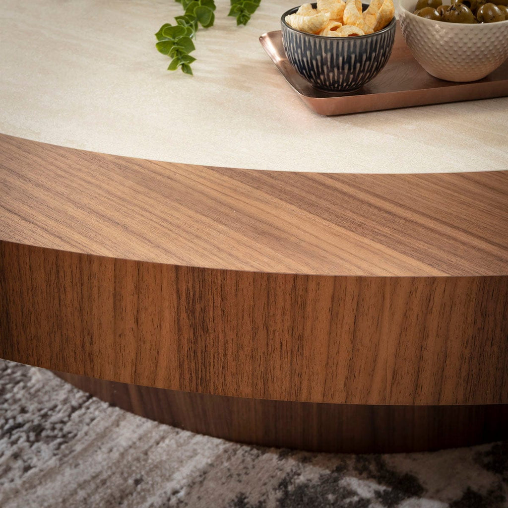Hudson Large Round Coffee Table Walnut Wood & Stone Ceramic 140cm