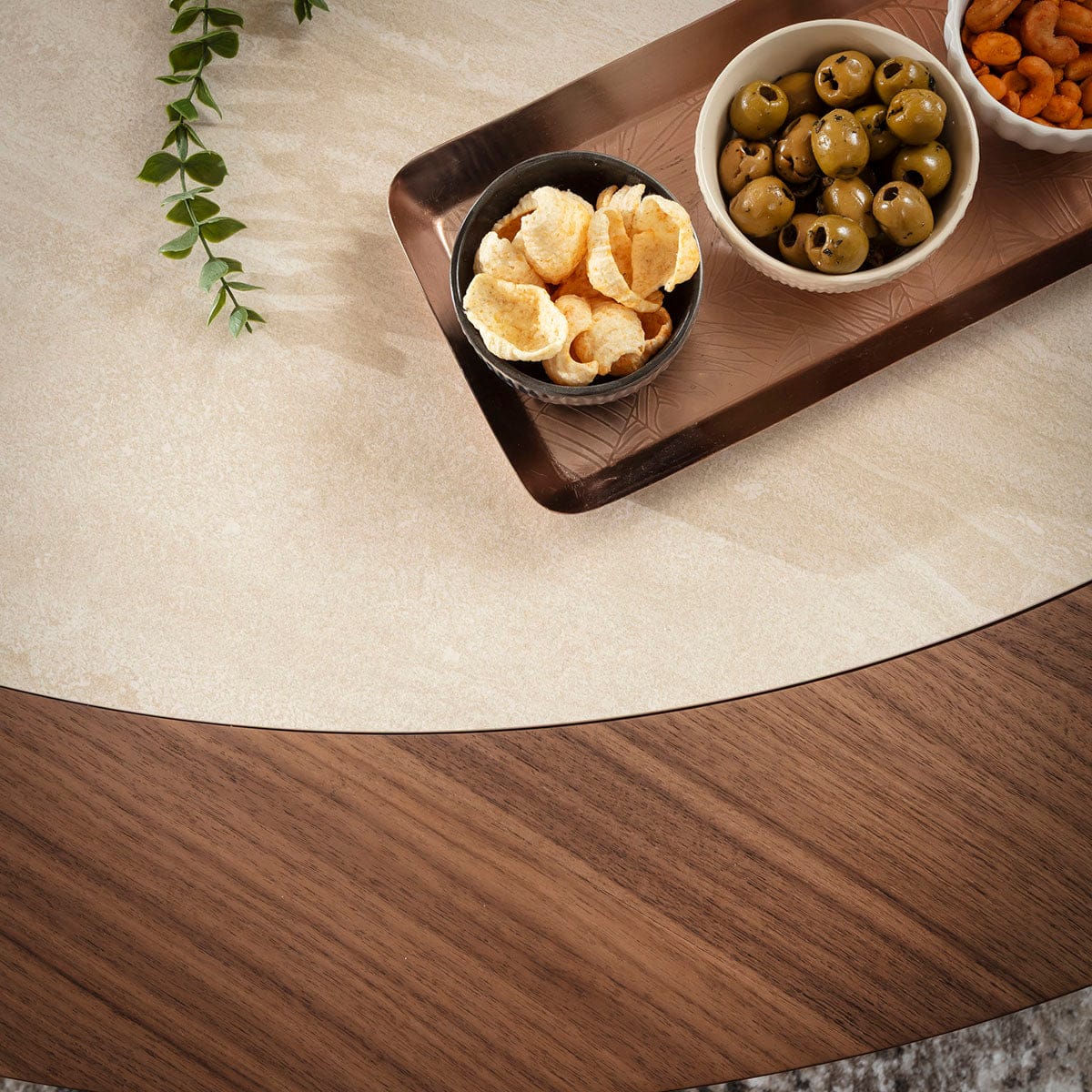 Hudson Large Round Coffee Table Walnut Wood & Stone Ceramic 140cm