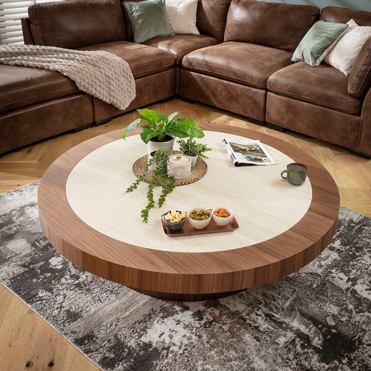 Hudson Large Round Coffee Table Walnut Wood & Stone Ceramic 140cm