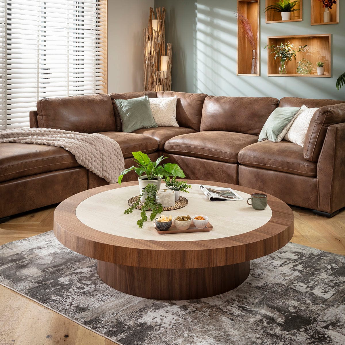 Hudson Large Round Coffee Table Walnut Wood & Stone Ceramic 140cm