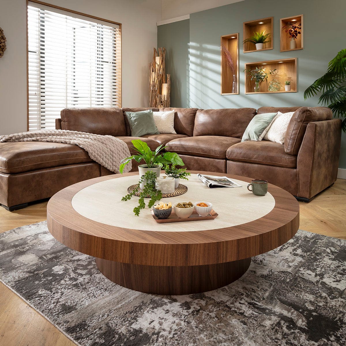 Hudson Large Round Coffee Table Walnut Wood & Stone Ceramic 140cm
