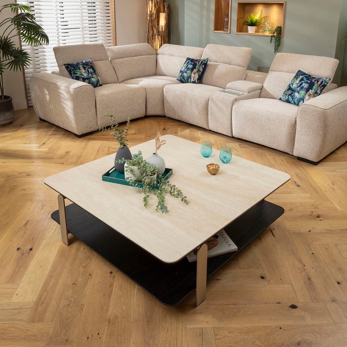 Mayfair Large Square Coffee Table Natural Stone Effect Ceramic & Black 120cm