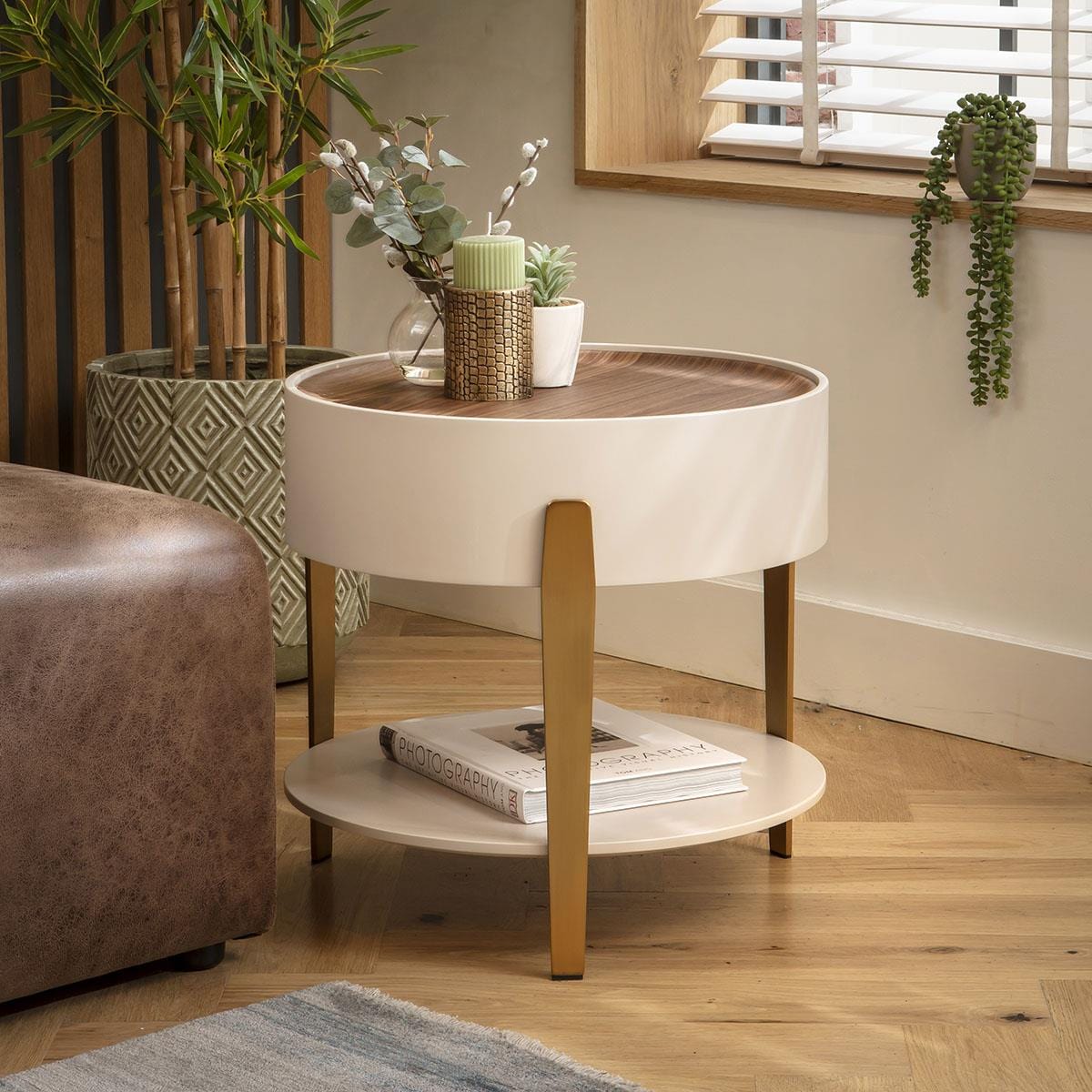 Bernardi Round Side Table Walnut & Matte Chalk 52cm