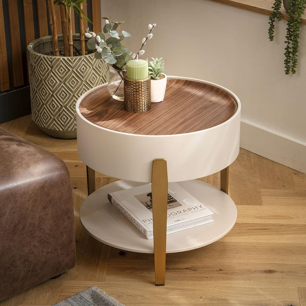 Bernardi Round Side Table Walnut & Matte Chalk 52cm
