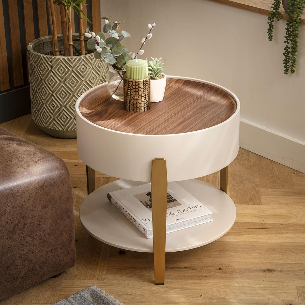 Bernardi Round Side Table Walnut & Matte Chalk 52cm