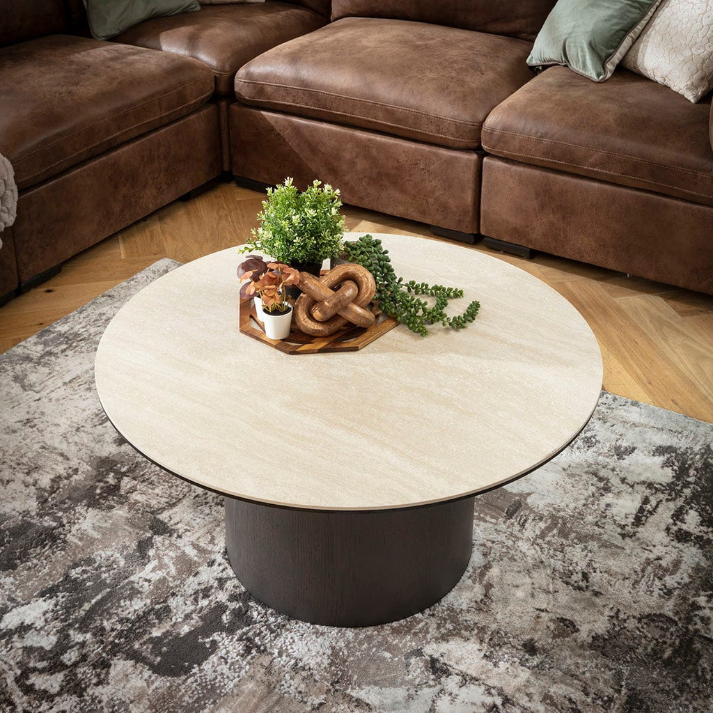 Metropolis Round Coffee Table Grey Oak Wash & Stone-Effect Ceramic 90cm