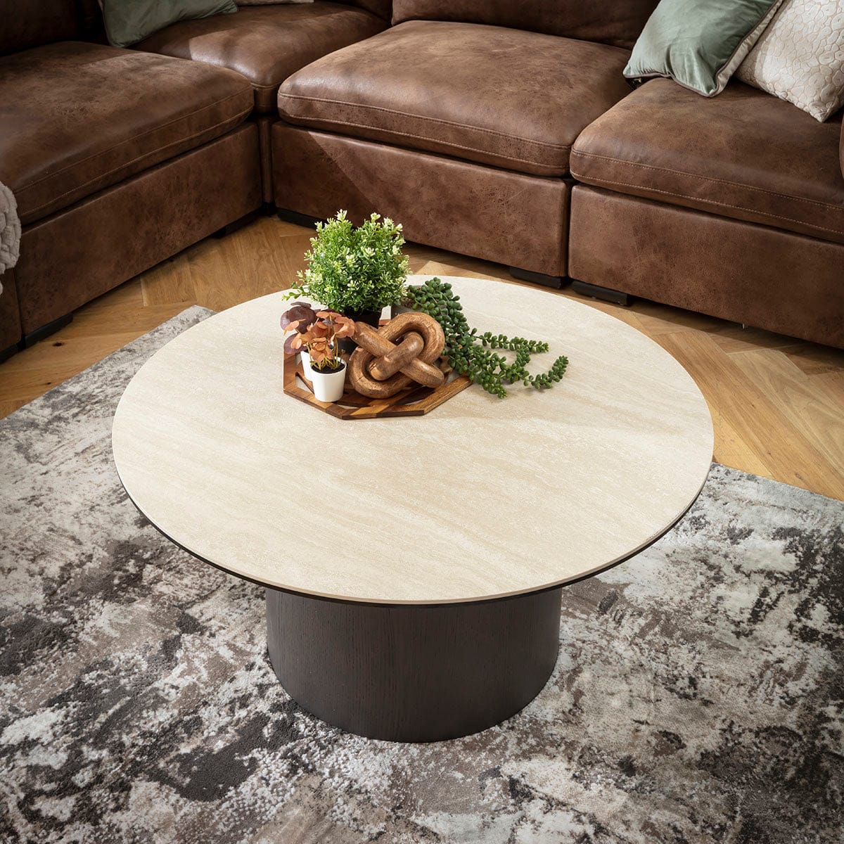 Metropolis Round Coffee Table Grey Oak Wash & Stone-Effect Ceramic 90cm