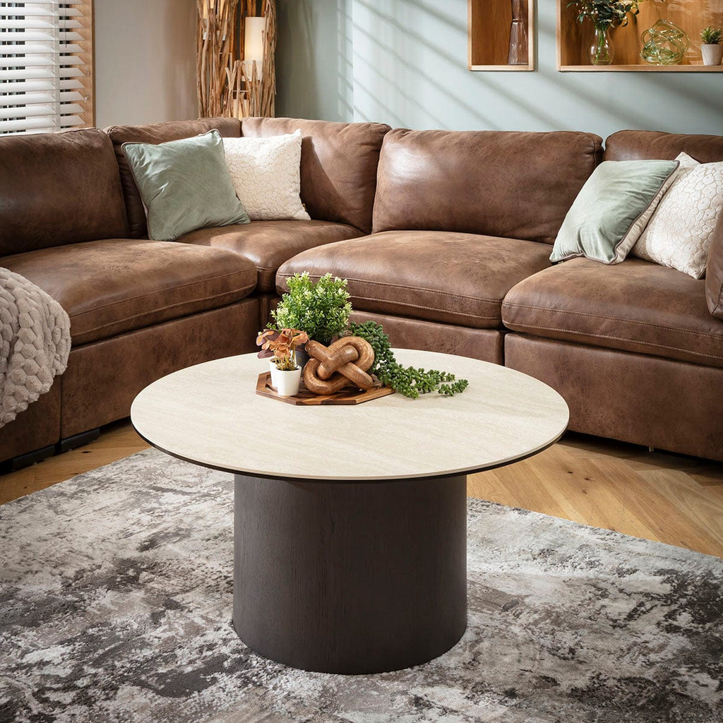 Metropolis Round Coffee Table Grey Oak Wash & Stone-Effect Ceramic 90cm