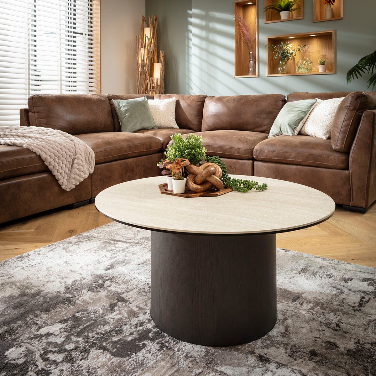 Metropolis Round Coffee Table Grey Oak Wash & Stone-Effect Ceramic 90cm
