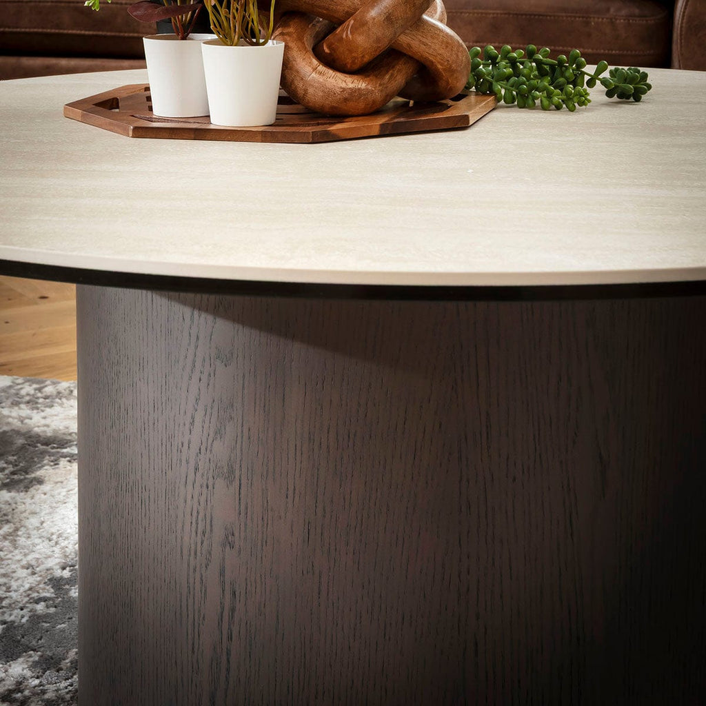 Metropolis Round Coffee Table Grey Oak Wash & Stone-Effect Ceramic 90cm