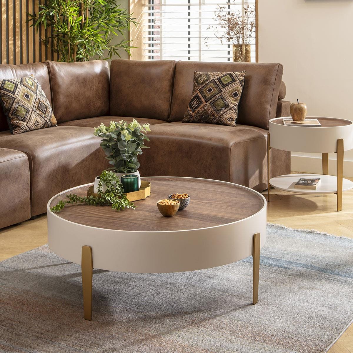 Bernardi Round Coffee Table Walnut & Matte Chalk 92cm