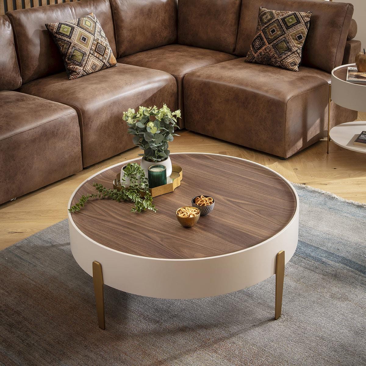 Bernardi Round Coffee Table Walnut & Matte Chalk 92cm