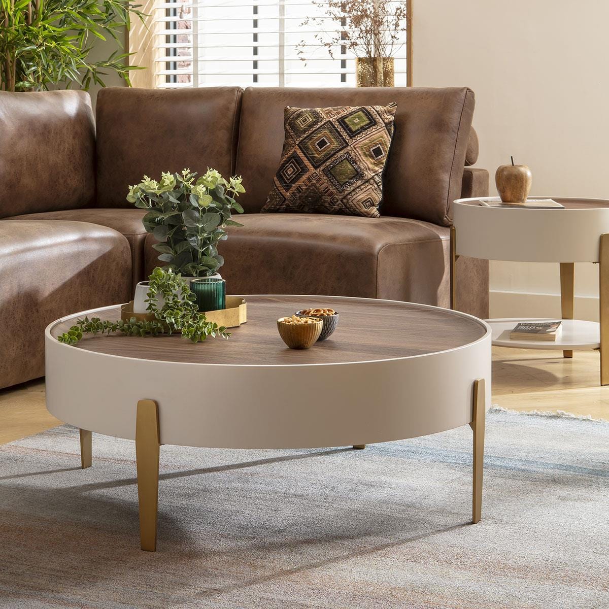 Bernardi Round Coffee Table Walnut & Matte Chalk 92cm