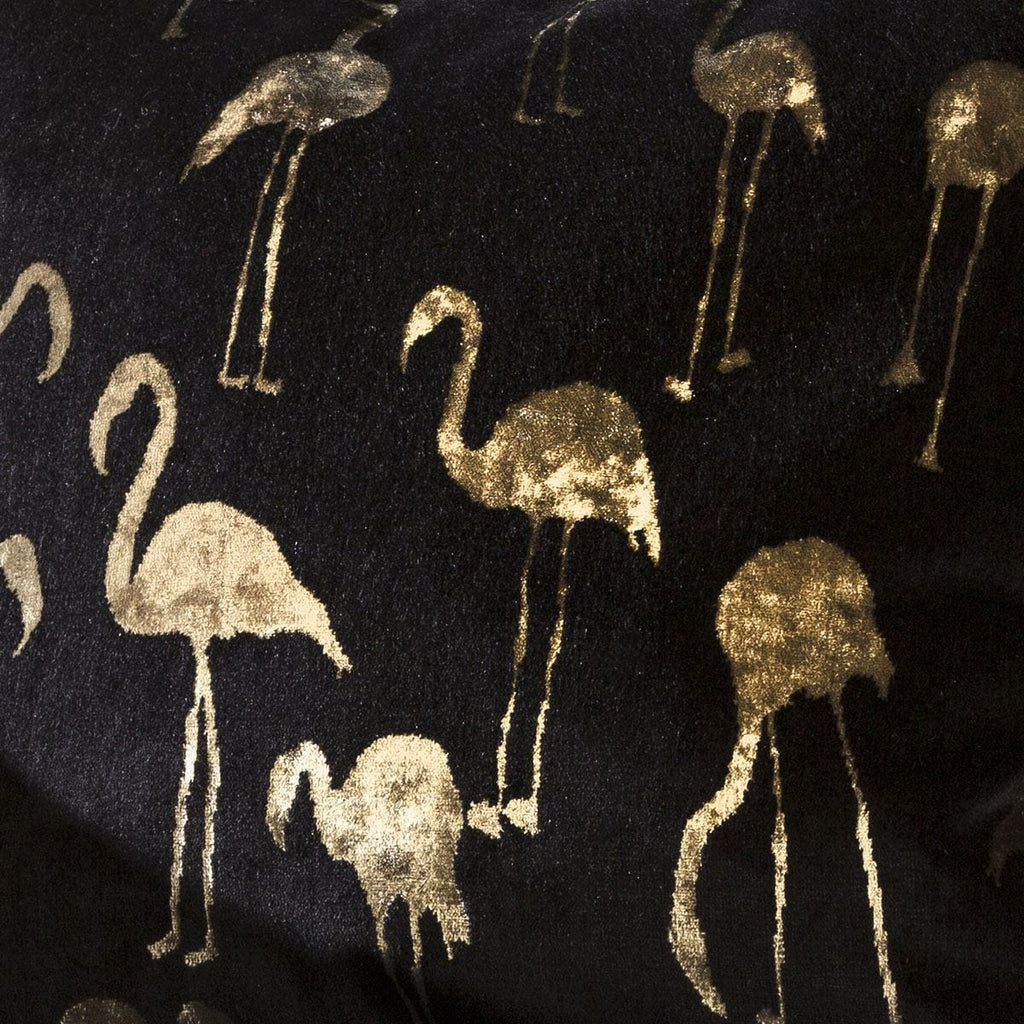 Contemporary Velvet Flamingo Cushion Pillow 430mm Square Black Gold