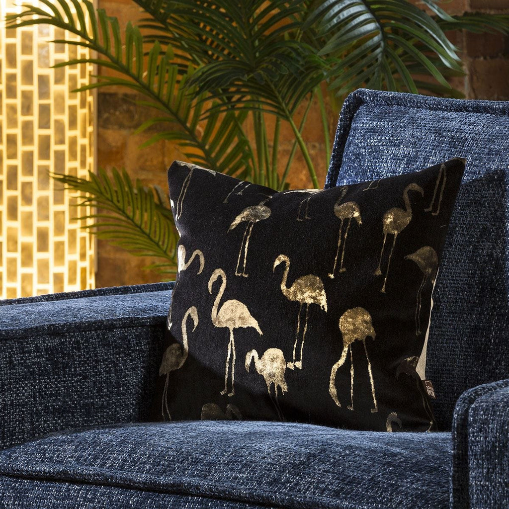 Contemporary Velvet Flamingo Cushion Pillow 430mm Square Black Gold