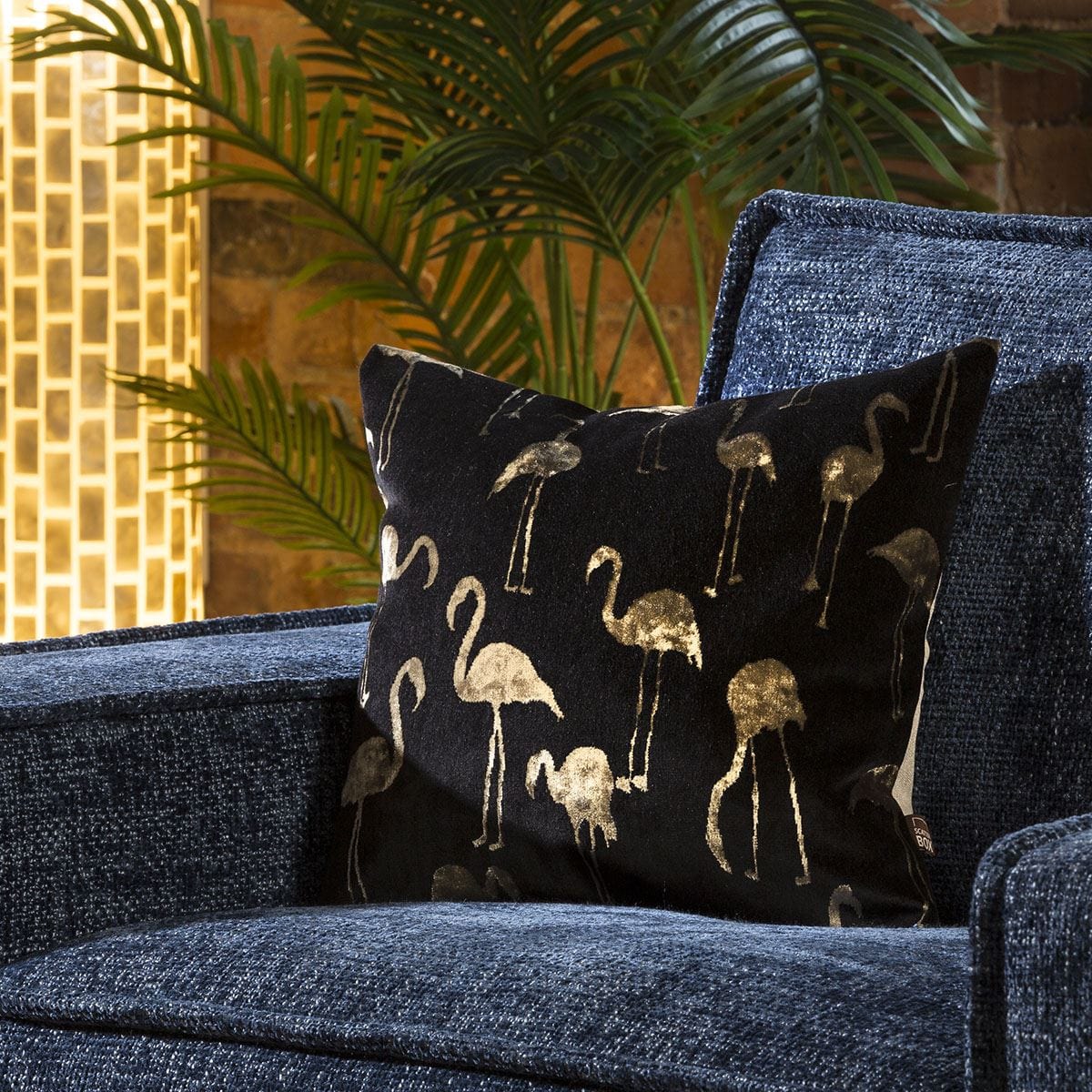 Contemporary Velvet Flamingo Cushion Pillow 430mm Square Black Gold