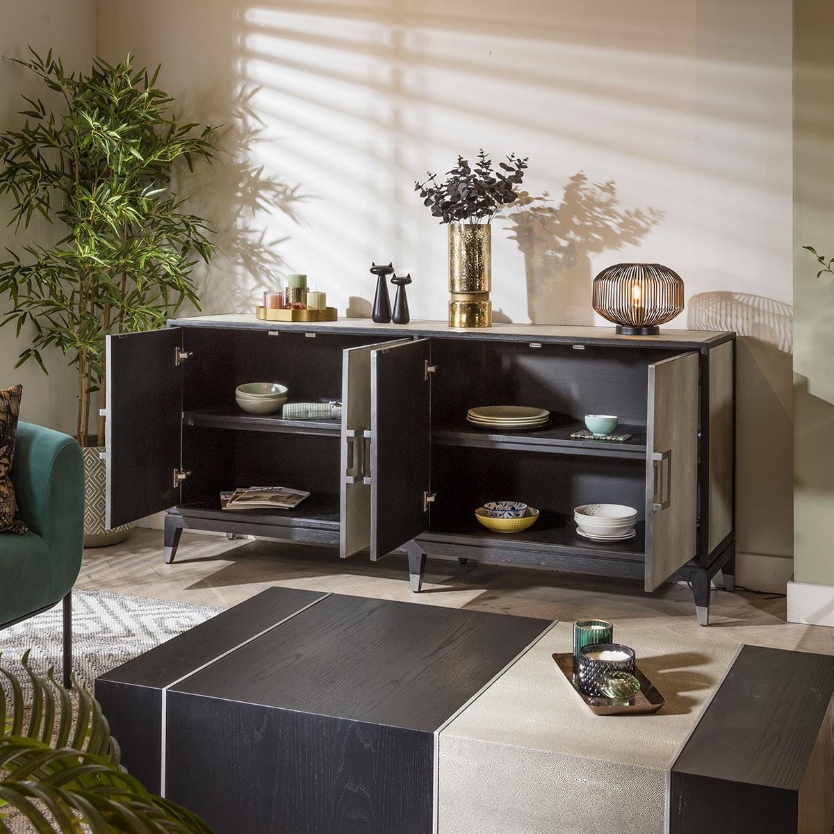 Shagreen 4 Door Sideboard Buffet Black Oak 193cm