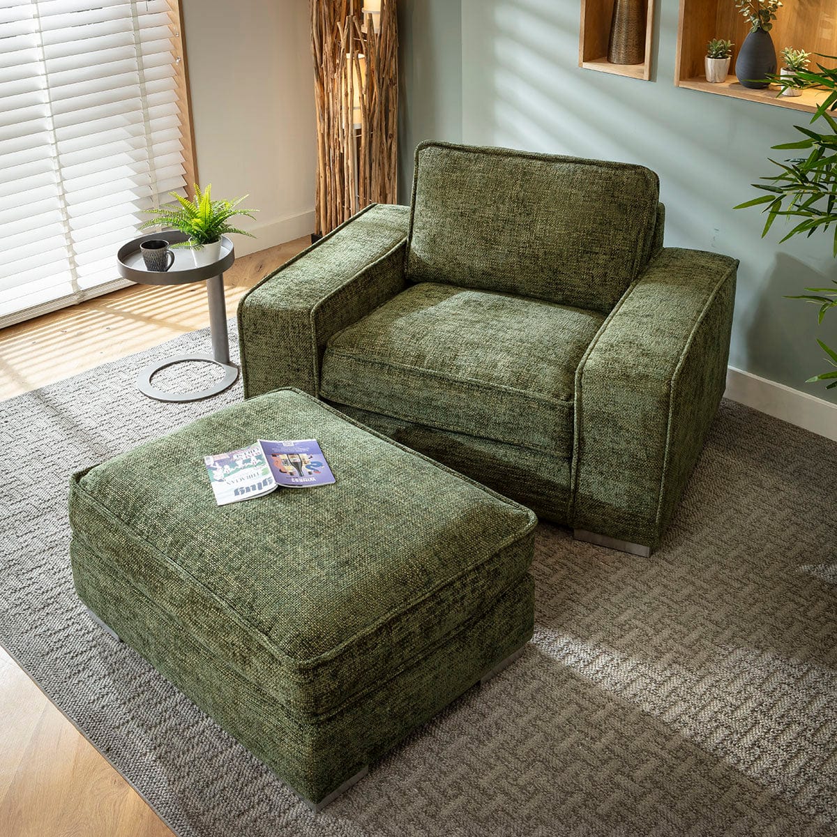 ExDisplay Lexci Modern Armchair & Footstool Green Strada Hopsack Fabric