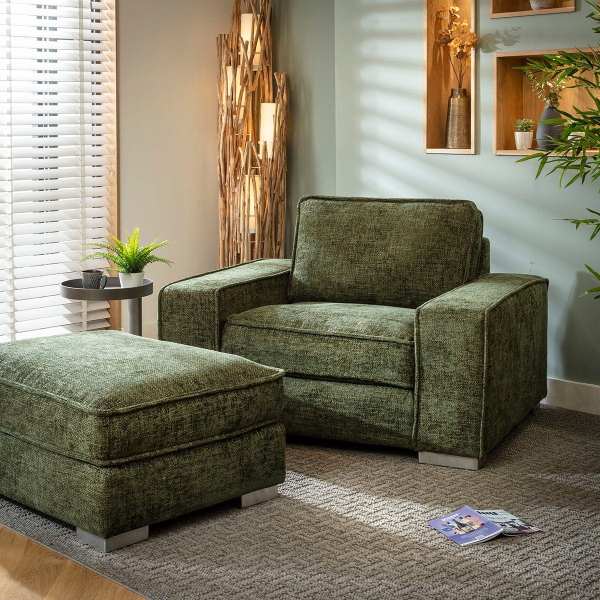 ExDisplay Lexci Modern Armchair & Footstool Green Strada Hopsack Fabric