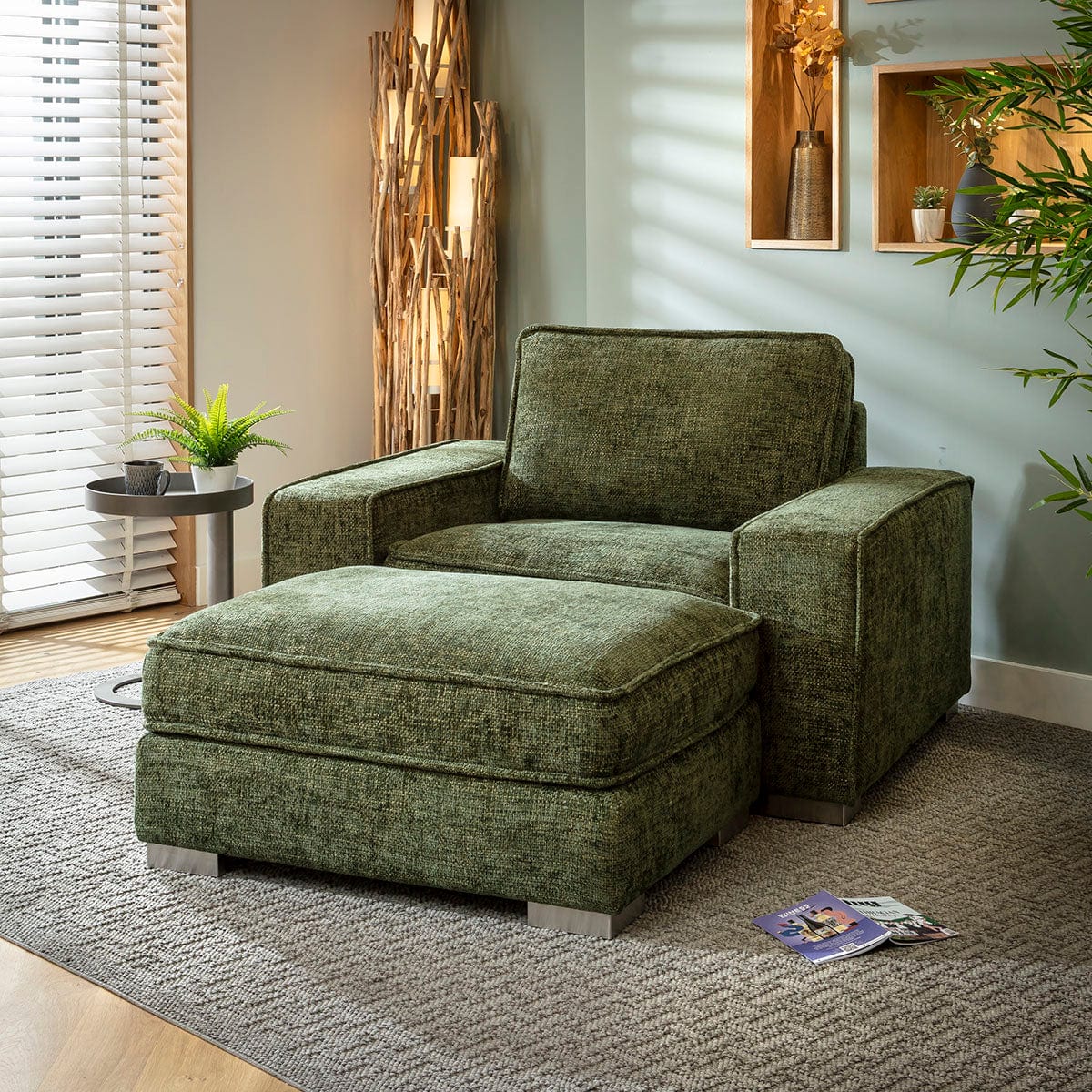ExDisplay Lexci Modern Armchair & Footstool Green Strada Hopsack Fabric