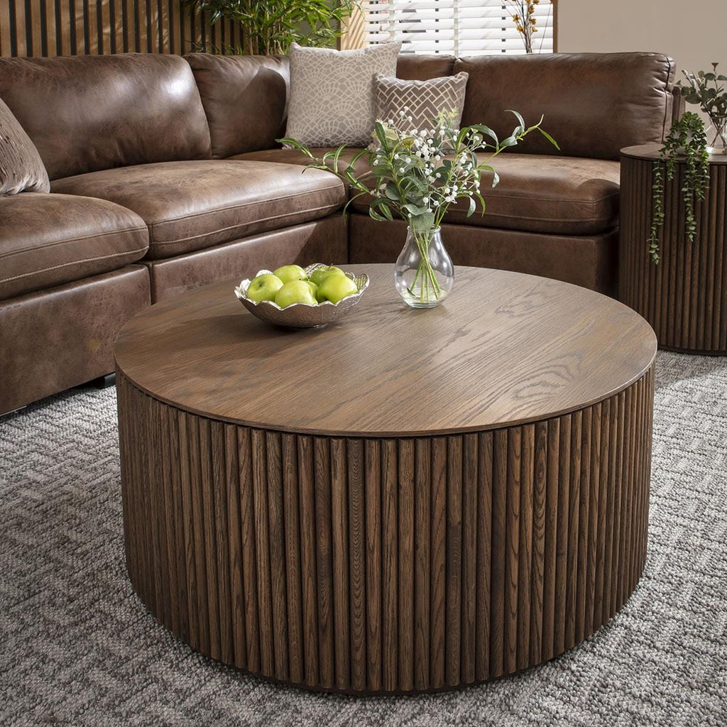 Elba Round Wooden Coffee Table and Side Table Set 90cm & 50cm