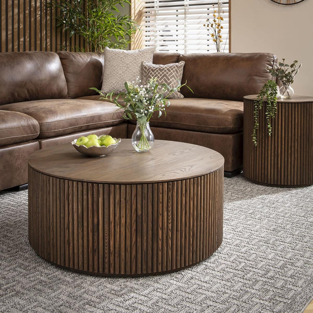 Elba Round Wooden Coffee Table and Side Table Set 90cm & 50cm
