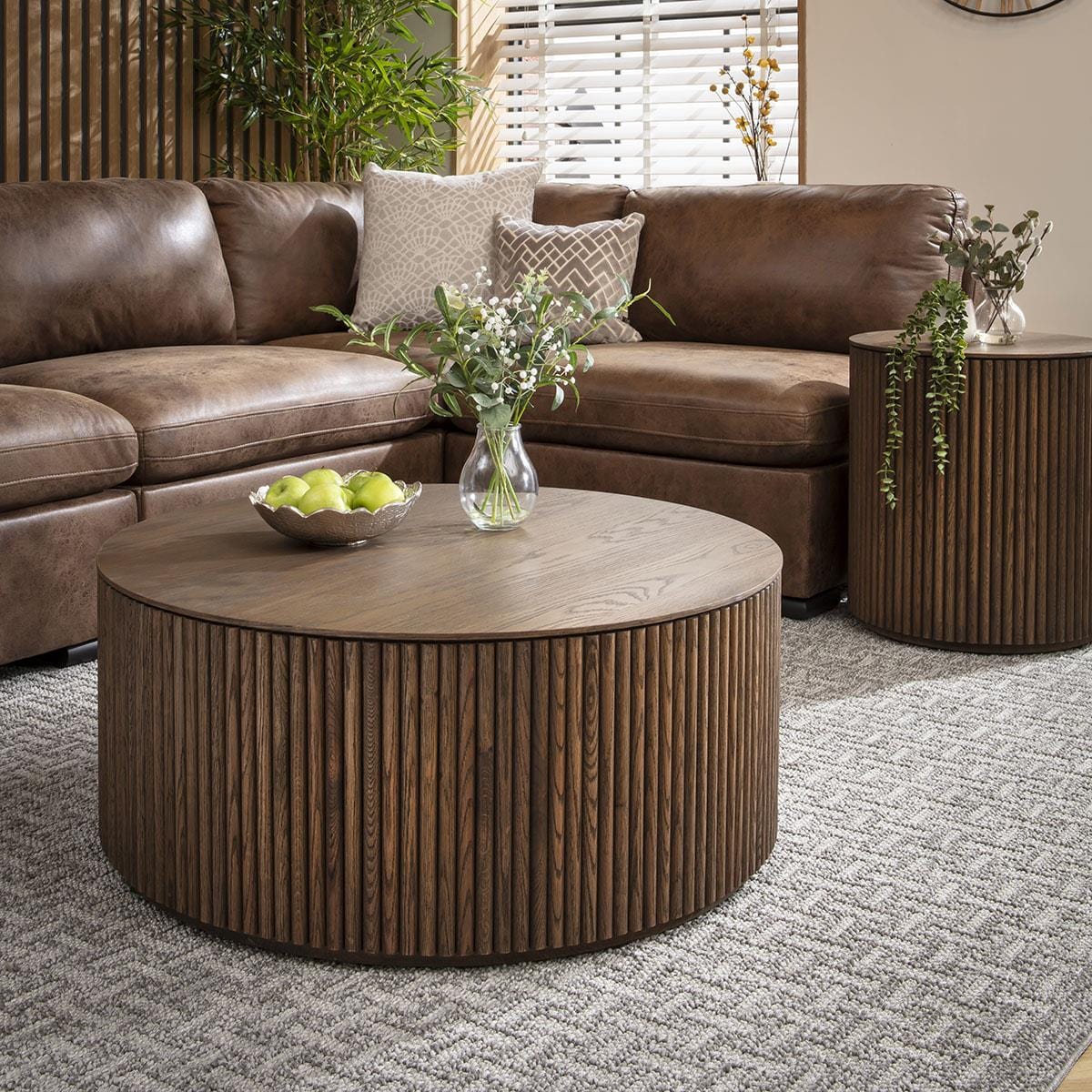 Elba Round Wooden Coffee Table and Side Table Set 90cm & 50cm