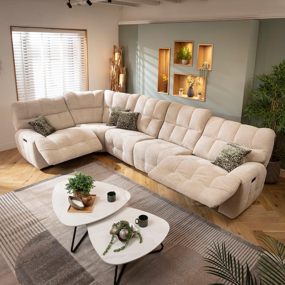 Luca 5 Seater Triple Recliner Corner Sofa Beige Chenille 380x220cm 8R1