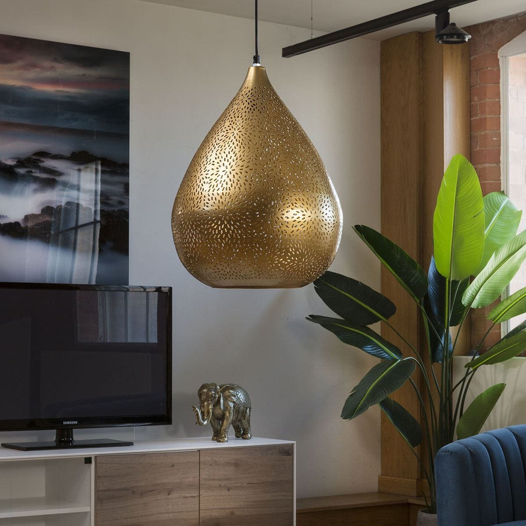 Elegant Antique Brass Gold Light Pendant Teardrop Pressed Steel 330mm