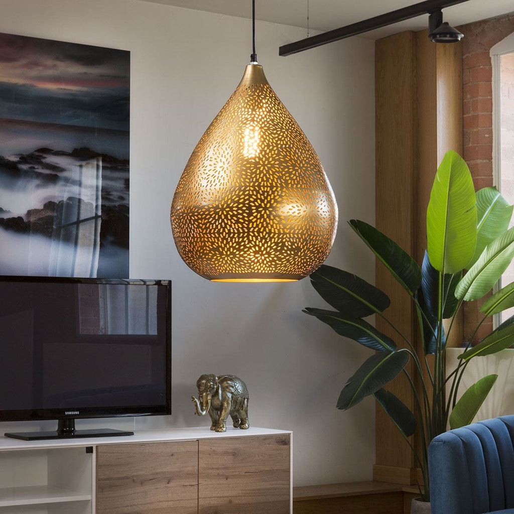 Elegant Antique Brass Gold Light Pendant Teardrop Pressed Steel 330mm