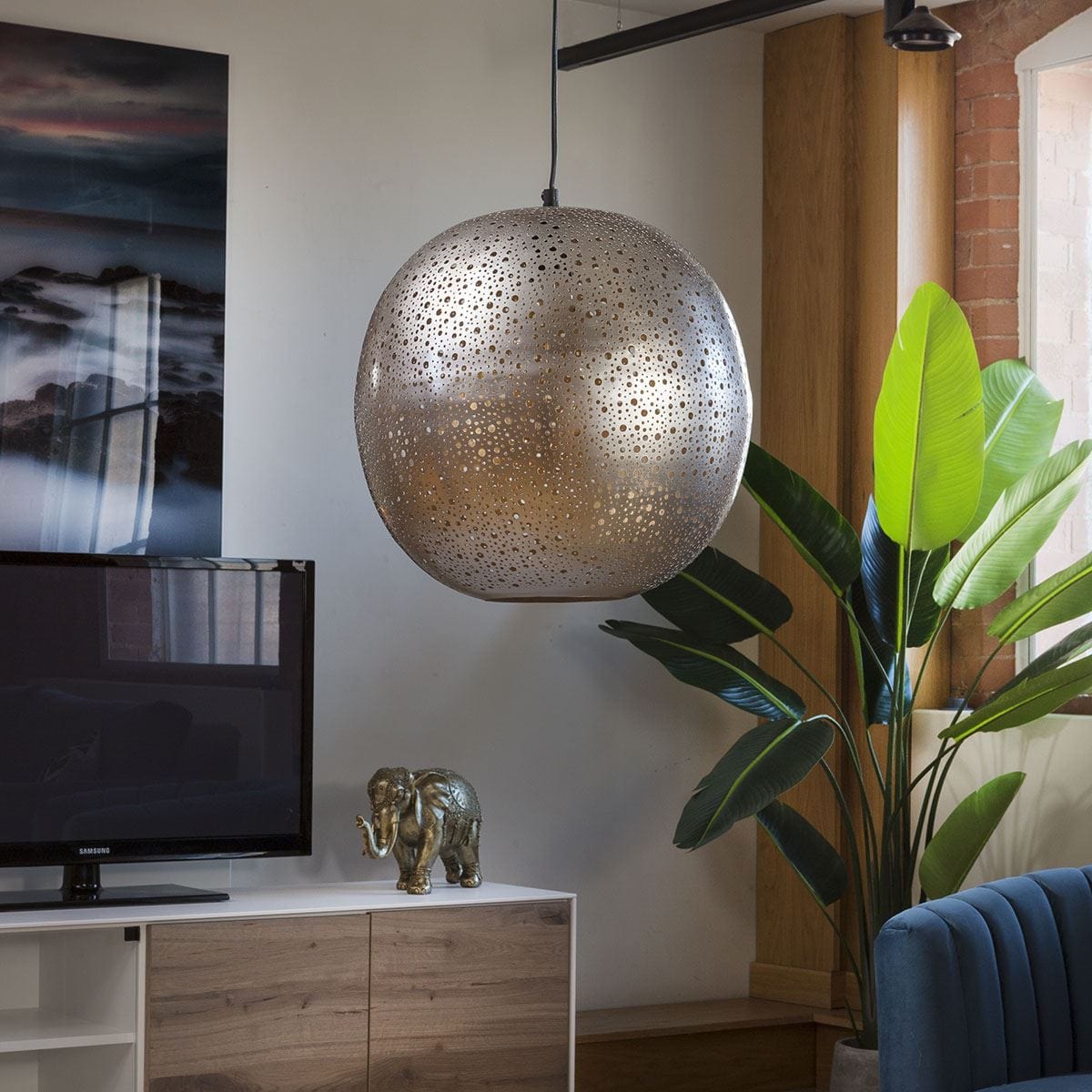 Elegant Unique Silver Gold Light Pendant Patterned Pressed Steel 340mm