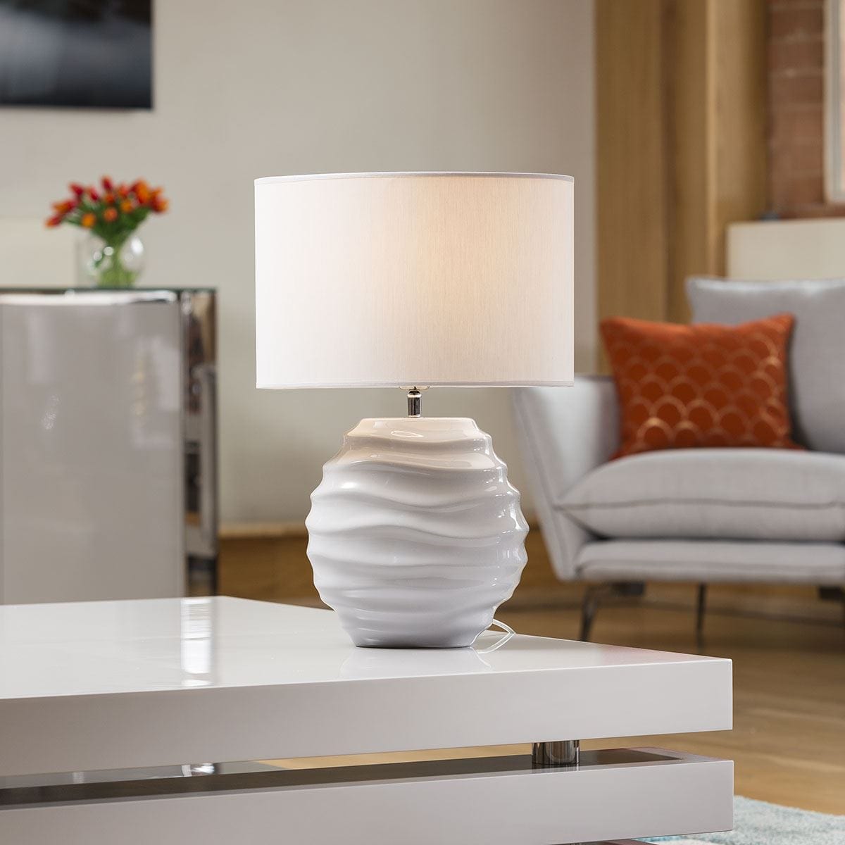 Envy's Onda Table Lamp 51cm Light Grey Ceramic White Cotton Shade 4507