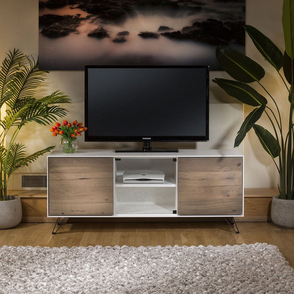 ExDisplay Luxury TV Cabinet / Low Sideboard White with Antique Oak Doors 2 Door